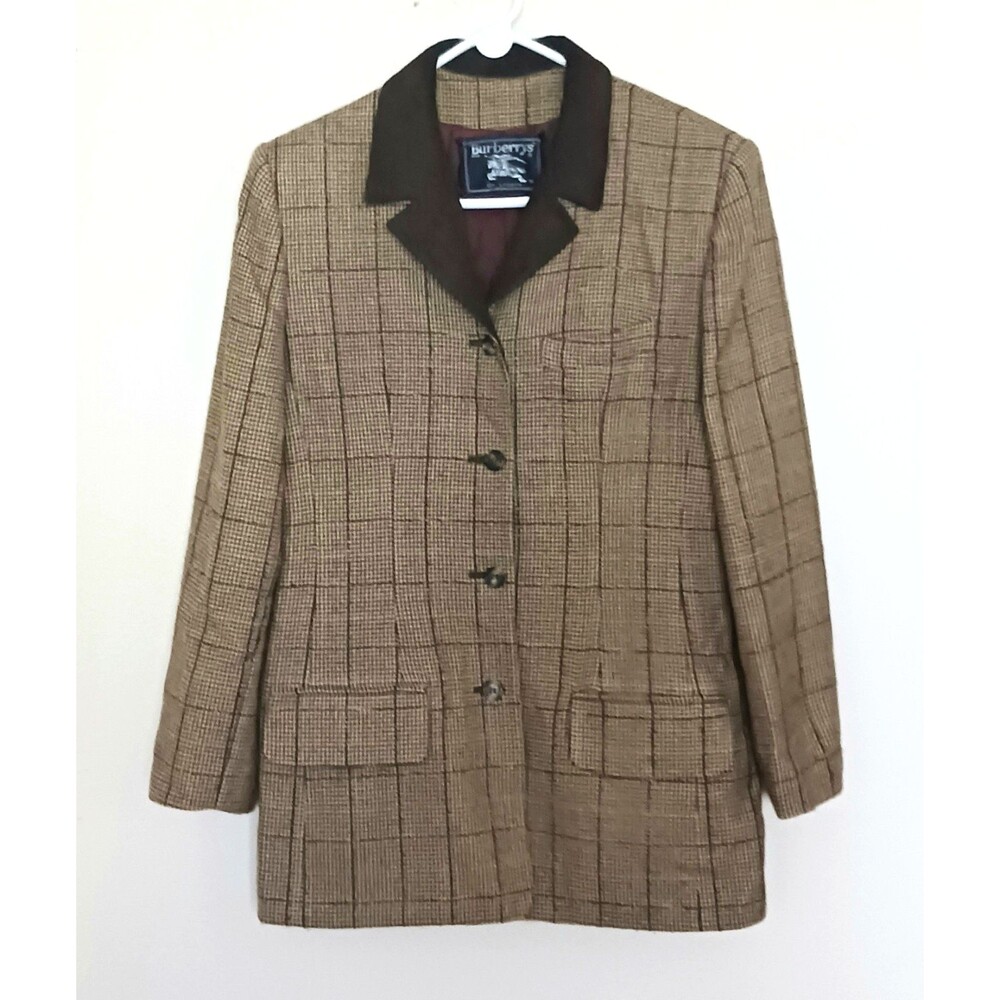 VTG 80s Burberry Brown Windowpane Plaid Blazer Dk Brown Suede Collar Ladies Sz M